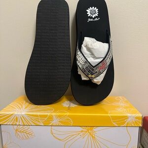 Yellow Box Black Flip Flops with Beaded Floral Straps